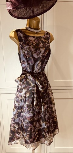 John Lewis UK14 Silk Purple Mix Petal Fit & Flare Midi Sleeveless Occasion Dress - Picture 5 of 16