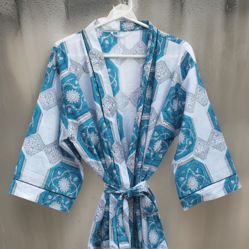 New Hand Block Printed Cotton Dressing Gown Floral Printed Beach Kimono Robe - 第 1/4 張圖片