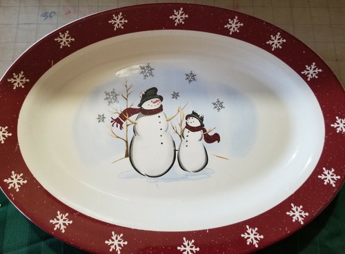 4 Royal Seasons Stoneware Red Rim w/ Snowflakes & Snowman 14" Serving Platters