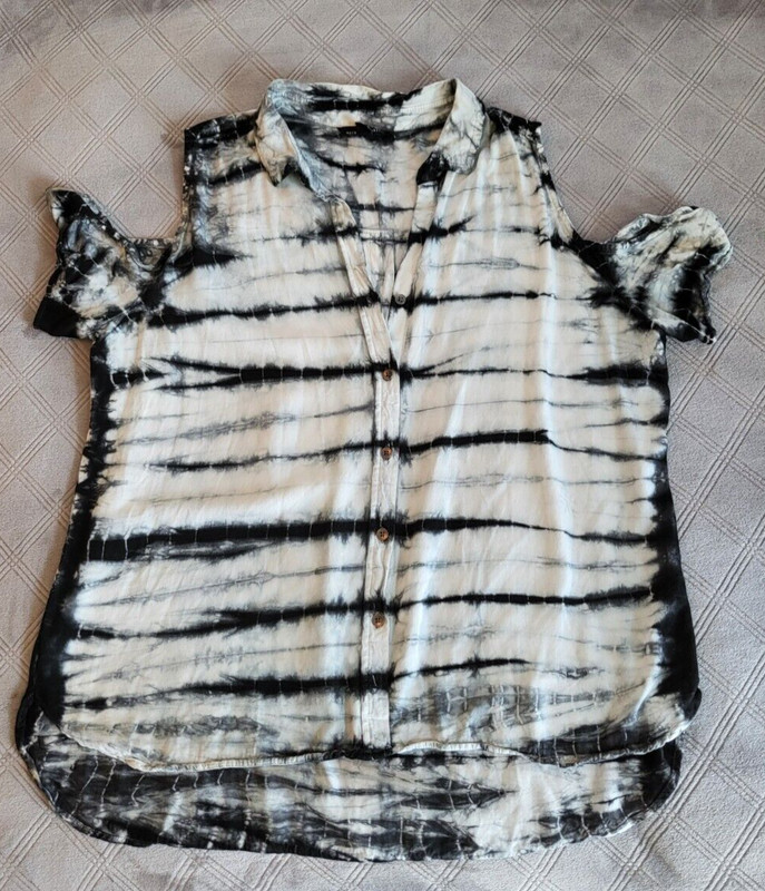 Rock & Republic Shirt Womens XL Black Gray White Boho Tie Dye Cold Shoulder