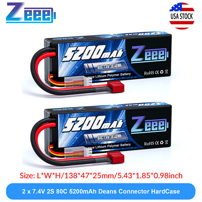 2x Zeee 2S 5200mAh Lipo Battery 7.4V 80C Deans T for 1/8 1/10 RC Car Truck Boat