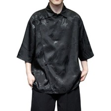 Men Faux Silk Shirt Casual Top 3/4 Sleeve Ethnic Frog Button Dragon Print Thin