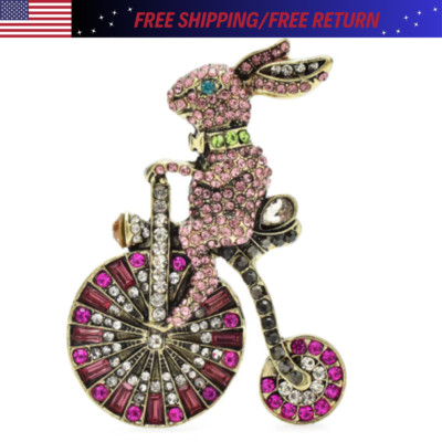 Easter Spring Bunny Brooch Rhinestone Riding Rabbit Animal Pin Gift Jewelry USA