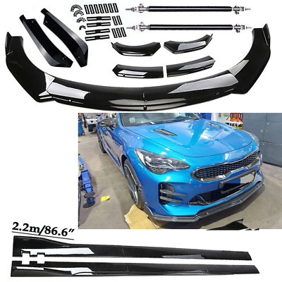 Front Bumper Lip Spoiler Kit +86.6'' Car Side Skirt Glossy Black For Kia Stinger