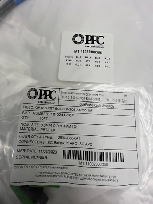 QTY 3 PPC 10FT Fiber QuikPush Cable Assembly 3mm SC APC Balistix 10-0241-10F