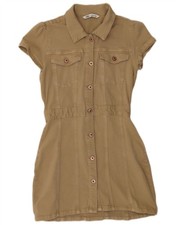 Zara Womens Short Sleeve Denim Shirt Dress UK 12 Medium Beige Cotton XR10