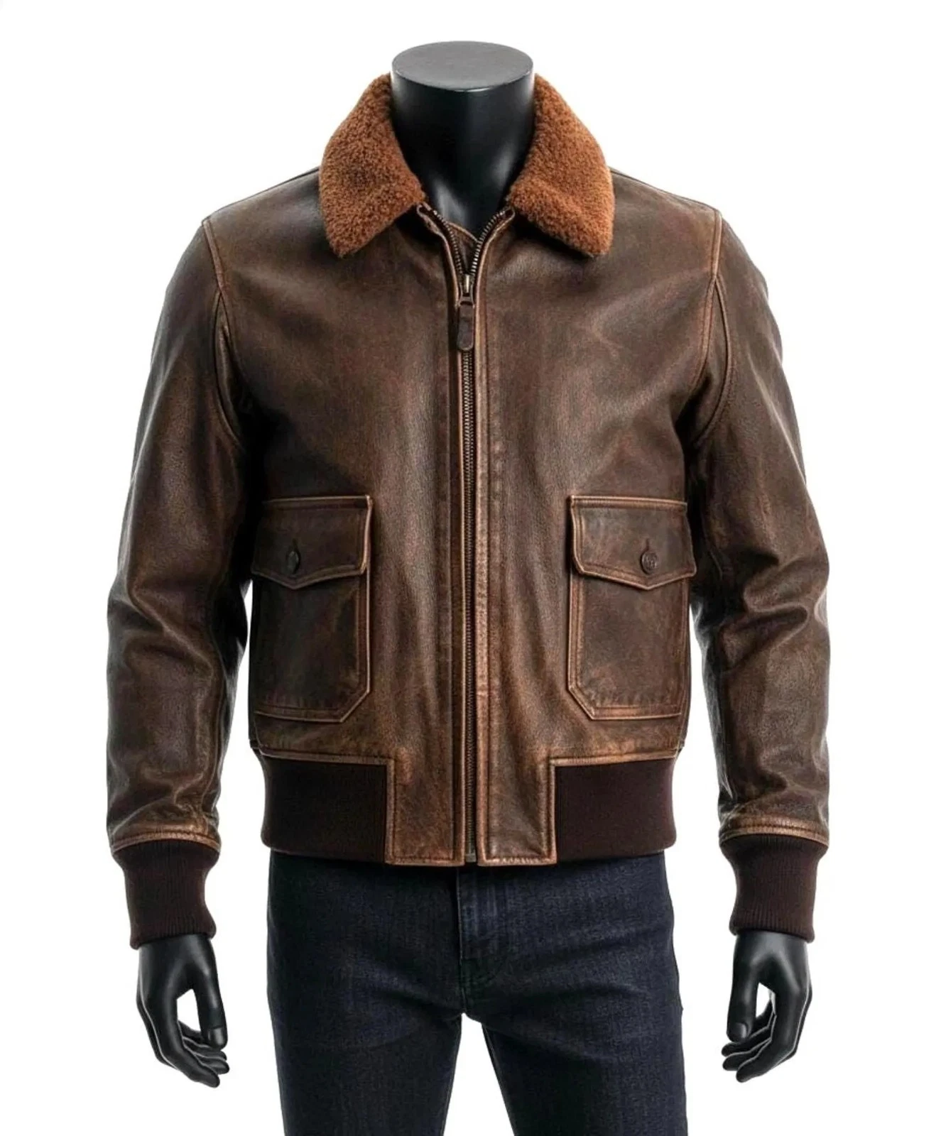 Men’s Brown !00% Real Leather Jacket Vintage Style Bomber Jacket With Fur Collar