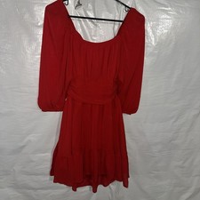 Red Square Neck Puff Sleeve Ruffle Hem Mini Dress Women's Size Small