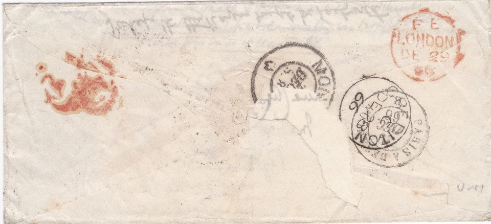 1866 QV 1d RED + PAIR 2d BLUE STAMPS ON COVER 5d FRANKING TO SWITZERLAND - Изображение 2 из 3