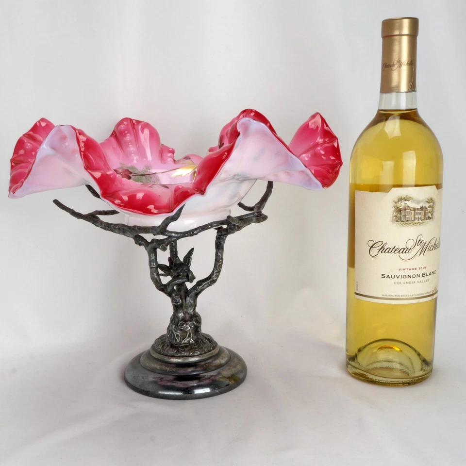 Soporte de placa de plata victoriano Aurora y cuenco pintado de vidrio con estuche austriaco siglo XIX Foto 2 de 4