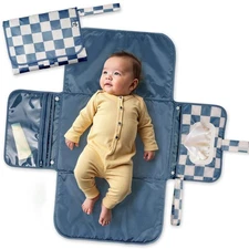 Tiny Twinkle Portable Diaper Changing Pad-Foldable Waterproof Blue Checkers 