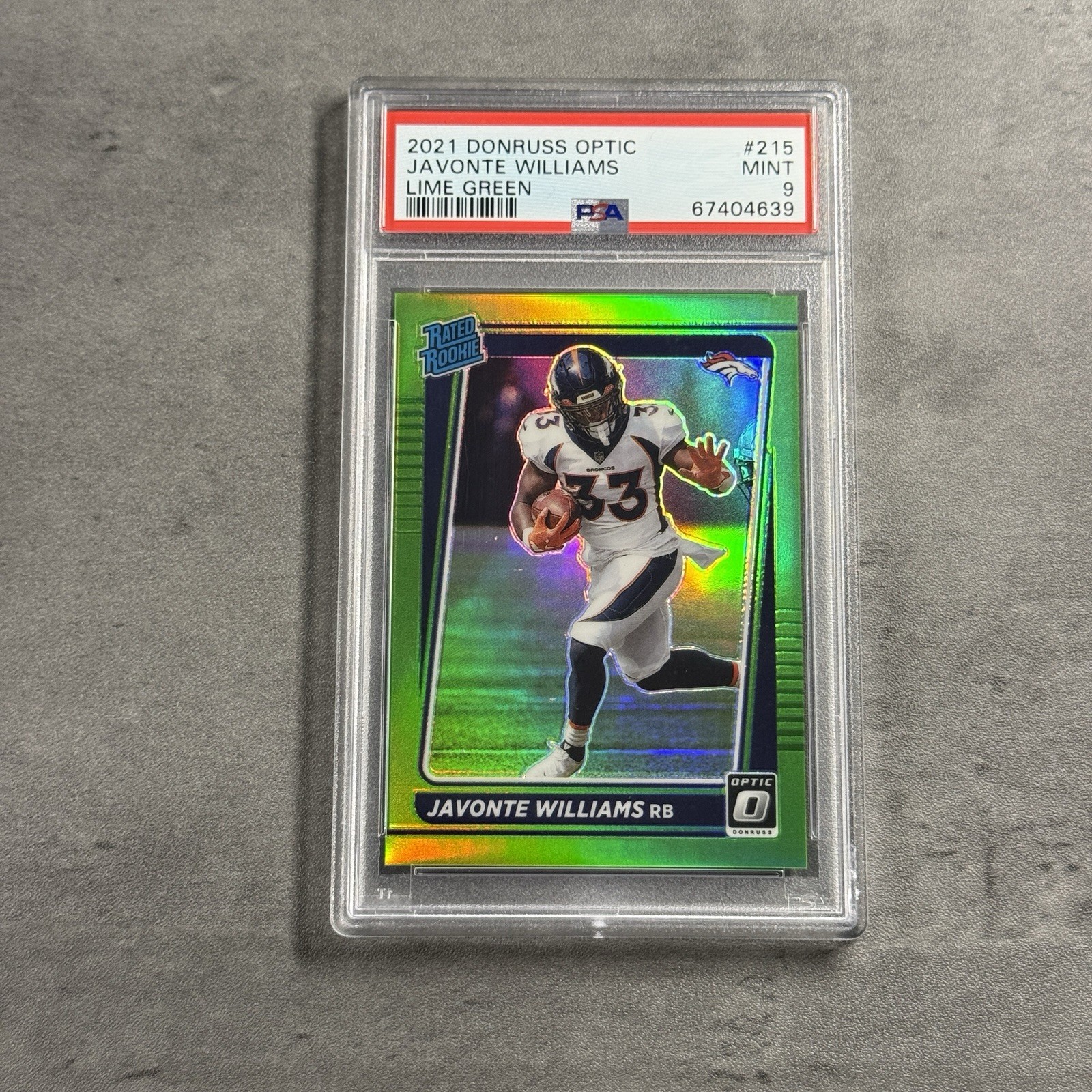 2021 Donruss Optic Javonte Williams Lime Green Prizm /35 #215 PSA 9 Rated Rookie