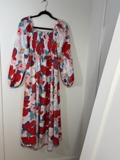 Floral Red Pink Blue White Maxi Dress Square Neck Smocked Long Sleeve Pullover S