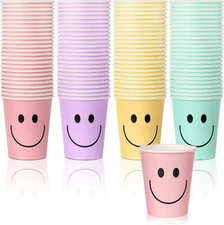 Layhit 100 Pcs 9 oz Smile Face Drink Cups Pastel Paper as the picture shown 