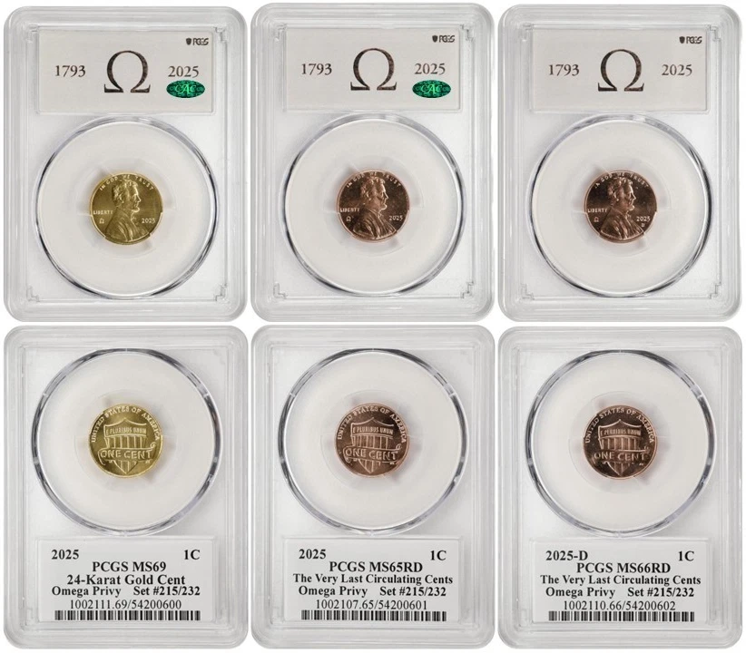 2025 Omega Lincoln Cents 3 Coin Set Certified PCGS & CAC MS-69/65RD/66R D #215