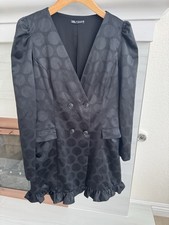 Zara Polka Dot Mini Dress V-Neck Puff Long Sleeve Ruffle Pockets L Black
