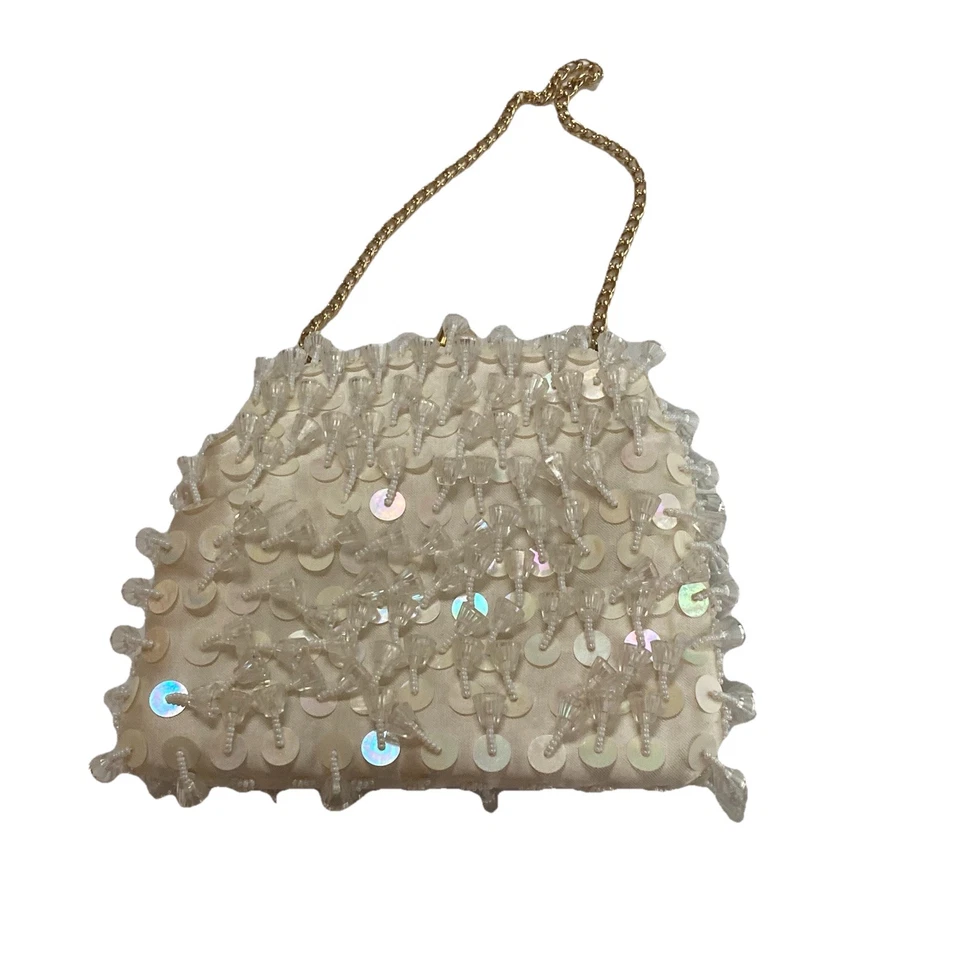 Vintage Beaded Clutch And Chain Evening Bag Purse White Pearl Iridescent Bridal - Image 3 of 4
