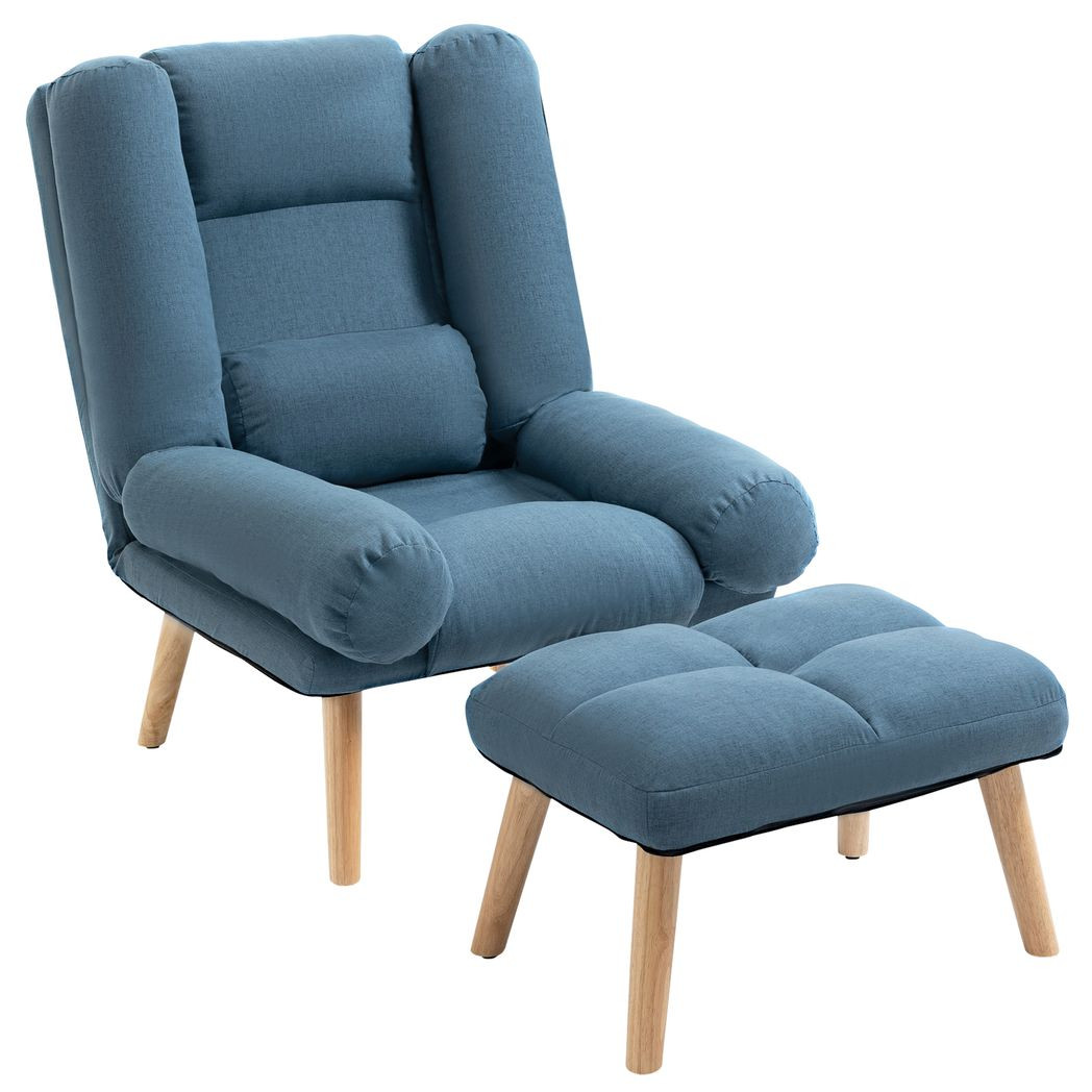 Rackhams Blue Armchair With Footstool, 180° Recliner With Ottoman, Accent Chair And Footstool With 3-Position Adjustable Backrest And Wooden Legs, - Image 2