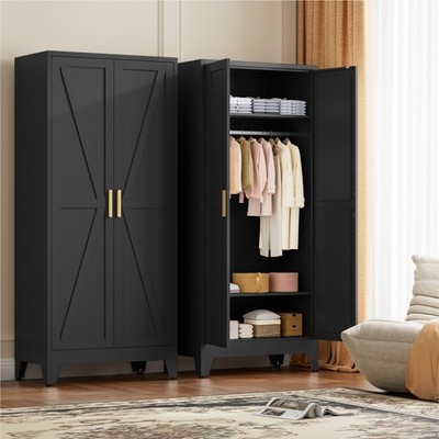 71'' Metal Armoire Wardrobe Cabinet with Hanging Rod, Wardrobe Closet with 2 Door