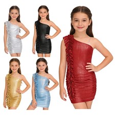 Kids Girls Metallic Wedding Bodycon Dress Prom Ruched Birthday Iridescent Ball