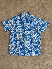 VINTAGE "MALIHINI" 1960'S BLUE  WHITE FLOWER COTTON HAWAIIAN SHIRT SIZE LARGE