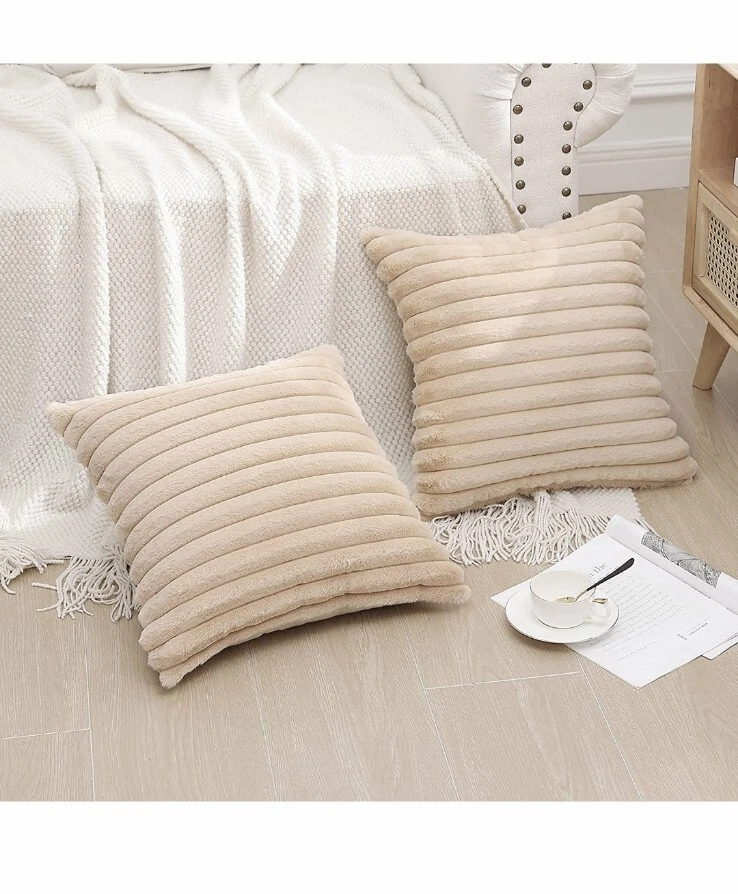 20x20" Set of 2 - Luxury Soft Fluffy Striped Decorative Pillow Covers- Beige