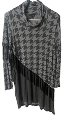 MULTIPLES Womens L Gray Black Houndstooth Fring Cowl Neck Knit Top
