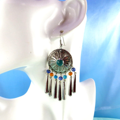 Pretty Southwestern Style Dangle Earrings Silver Plated Gemstone Beads NICE!