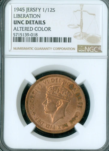 1945 JERSEY LIBERATION 1/12 SHILLING NGC MS64 RB ALTERED COLOR *