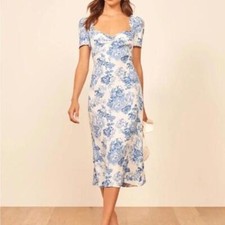 Reformation blue white floral Marta short sleeve tie back midi dress size 6