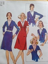 UC Simplicity 9911 Vintage 70s Dress Sewing Pattern Dickie Cuffs Size 14