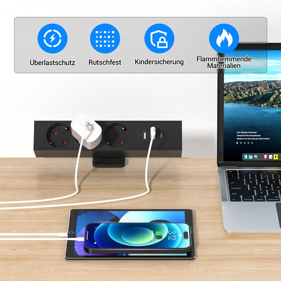 Tischsteckdose mit USB C 3 Fach Mehrfachsteckdose Steckdosenleiste Schreibtisch - Bild 3 von 4