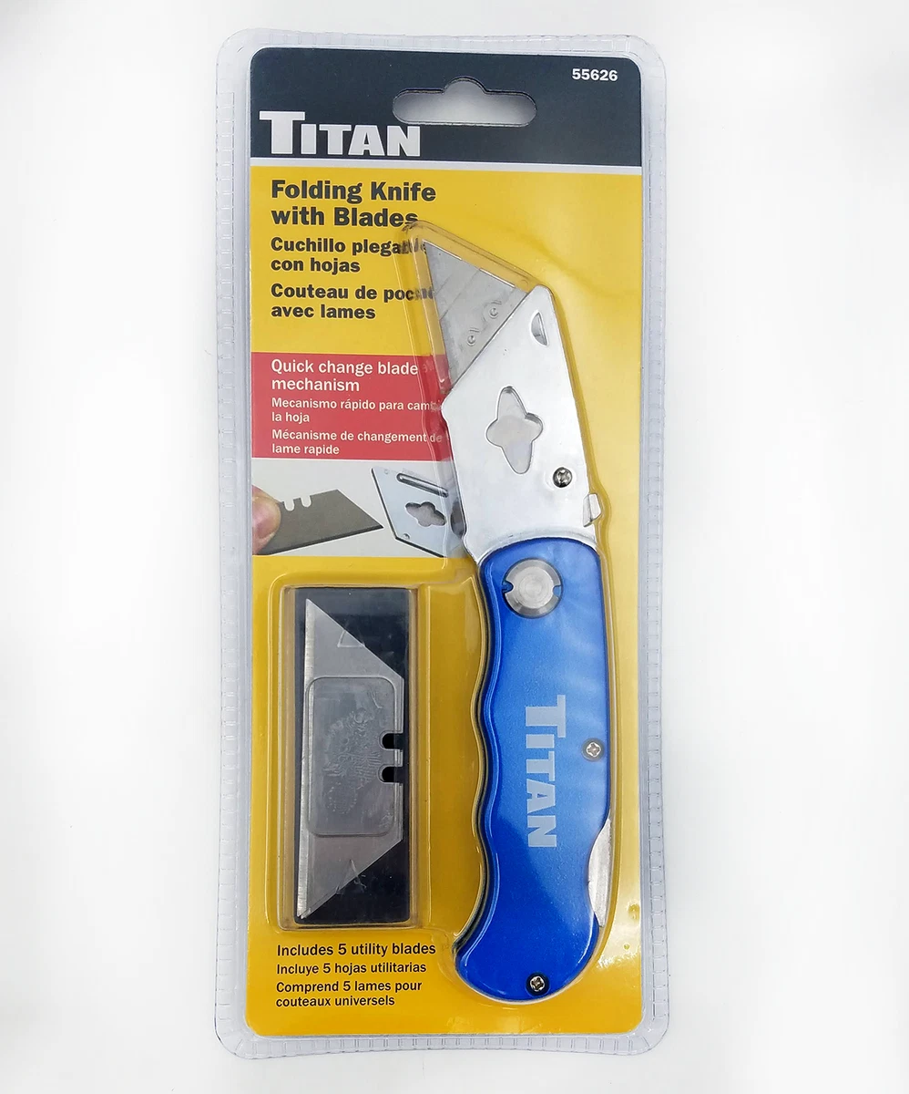 Titan 55626 Folding Utility Box Cutter Knife w/ Belt Clip - BLUE