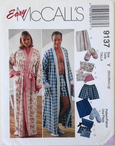 McCalls 9137 Misses Mens Robe Boxers Wrap Slippers Sewing Pattern Sz S-M-L