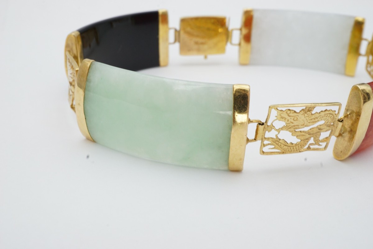 14k Yellow Gold Multicolor Jade Panel Bracelet Dragon 7.5