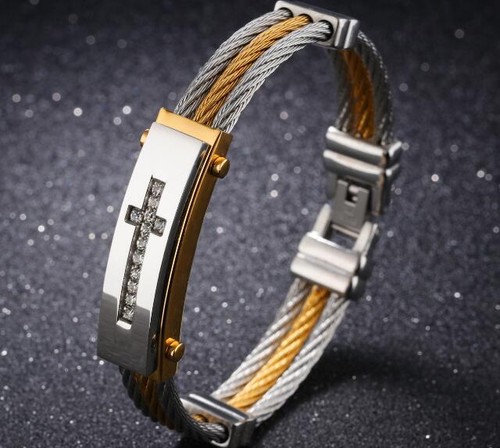 Mens Stainless Steel Twisted Cable Crystals Cross Bangle Bracelet Silver Gold - Picture 5 of 6