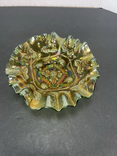 Antique MILLERSBURG Green Carnival Glass "Blackberry Wreath" 3/1 Edge Bowl