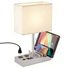 Bedside Table Lamp 3 USB Charging Ports 2 AC Outlets Silver Wooden Base