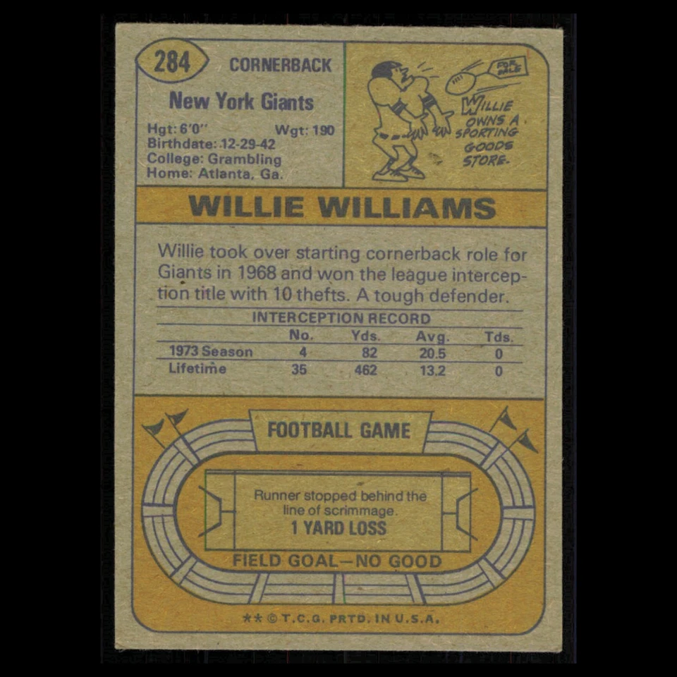 Willie Williams #284 1974 Topps New York Giants Football Card NFL NM - Image 2 of 3