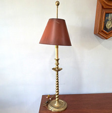 Frederick Cooper Rope polished brass candlestick lamp with antique red shade.