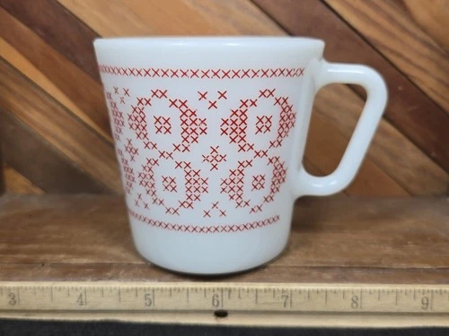 Vintage Pyrex Listing 4 lidz1974 Cross Stitch Red Pattern Milk Glass Coffee Cup