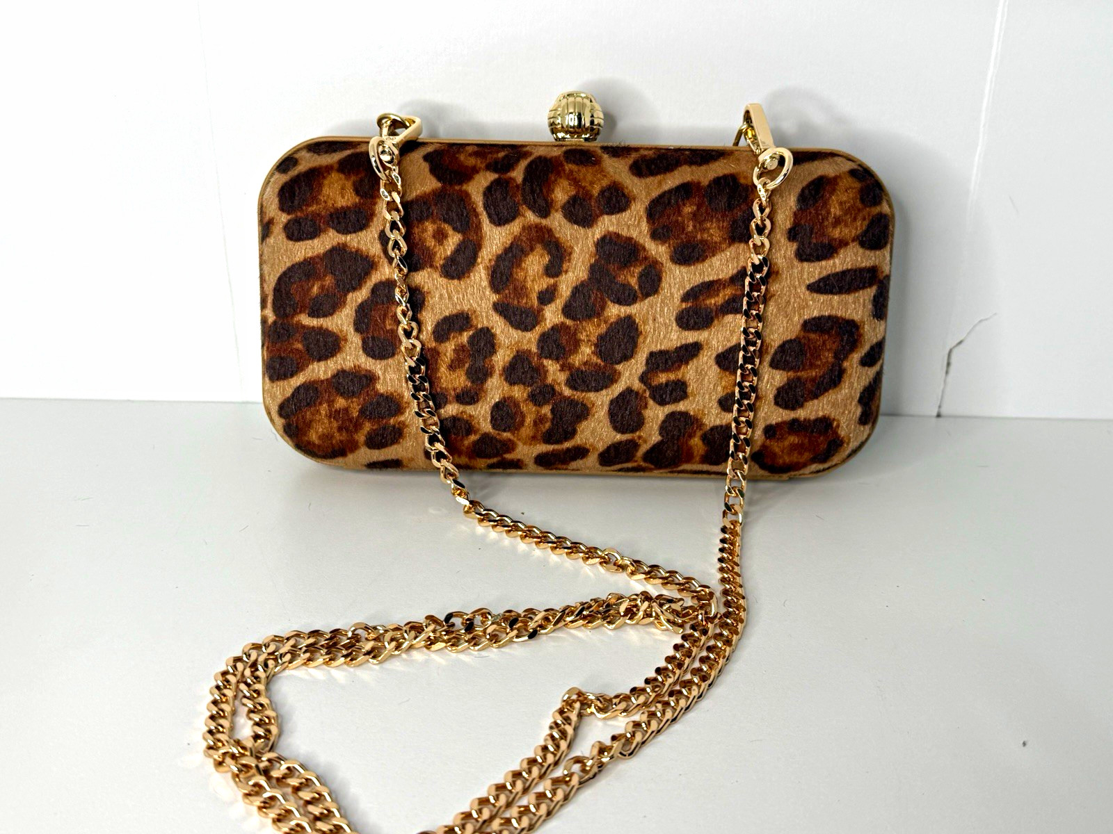 A New Day Leopard Print Small Clutch Gold Tone Chain Strap, Detachable, Clasp