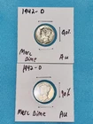 1942-D Mercury Dime Lot of 2 AU Silver Coins 90% Silver Nice Detail Toned