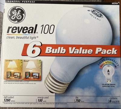 GE Reveal 100 W  [1 Pack, Qty 6] Light Bulb  A19 Full Spectrum  49349  [NEW]