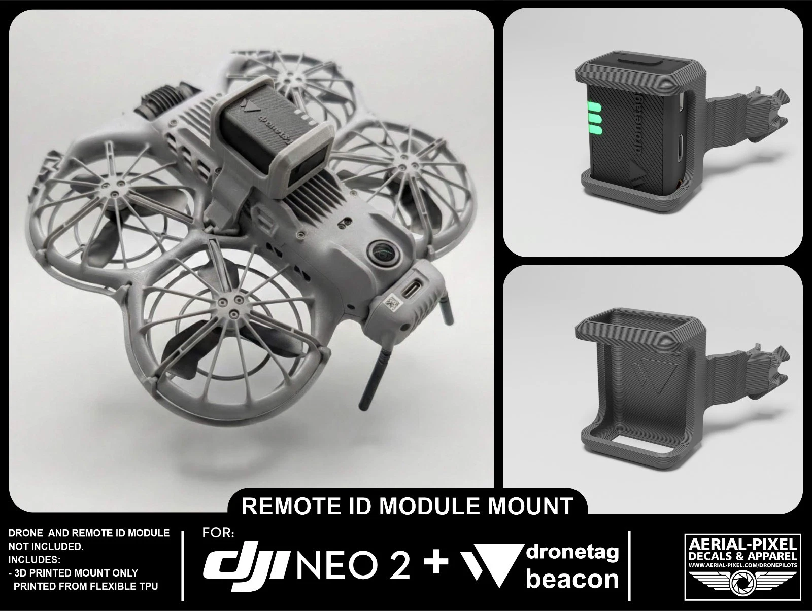DJI Neo 2 Remote ID Mount for Holy Stone, Ruko, Potensic, DroneTag