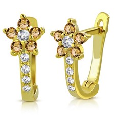 Sterling Silver Yellow Gold-Tone Brown CZ Girls Huggie Flower Floral Earrings