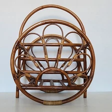Vintage Rattan Magazine Rack Mid-Century Boho Wicker Bamboo Style Decor Holder