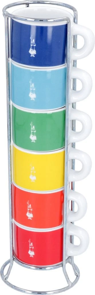 Original Bialetti Espresso-Tassen 6er Set – Mehrfarbig – Inkl. Tassenhalter aus