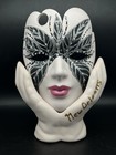 Vintage Mardi Gras Mask In Sculpted Hands Ceramic Art Signed Bella Free Standing