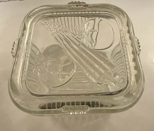 Vintage Ribbed Federal Glass Refrigerator Dish with Veggie Motif Lid